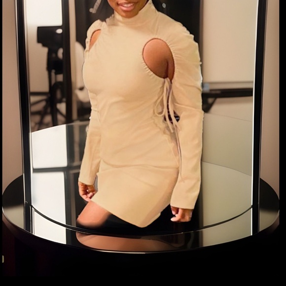 Unique 1 Of A Kind khaki Drawstring Ties Ruched Open Armpits Sexy Mini Dress - Picture 2 of 7